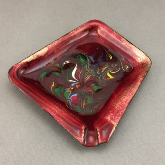 Vintage Enamel on Copper Red Abstract Swirl Ashtray Artisan Handmade - Picture 2 of 14